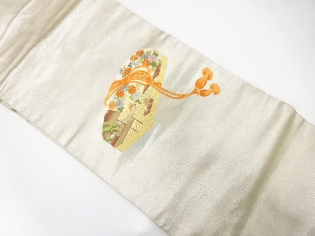 手箱に屋敷風景模様刺繍　名古屋帯